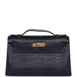 Hermes Kelly Pochette Bleu Indigo Matte Alligator Gold Hardware