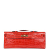 Hermes Kelly Cut Orange Poppy Shiny Porosus Crocodile Gold Hardware