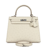 Hermès Kelly Sellier 25 Autruche Béton Bijouterie Palladium