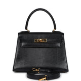 Hermès Kelly Sellier 20 Lézard Varanus Salvator Noir Accastillage Doré