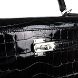 Hermès Kelly Sellier 25 Crocodile Niloticus Noir Brillant Finition Palladium