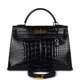Hermès Kelly Sellier 32 Alligator Noir Brillant Accastillage Doré