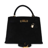 Hermès Kelly Sellier 28 Daim Noir Bijouterie Dorée