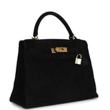Hermès Kelly Sellier 28 Daim Noir Bijouterie Dorée