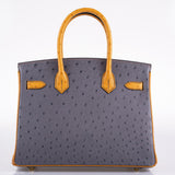 Hermès Birkin 30 HSS Gris Agate et Saphir Autruche Ornements Dorés - 2020, Y