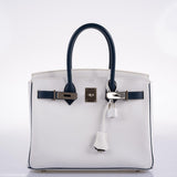 Hermès Birkin 30 HSS cuir Epsom blanc et bleu marine, finitions palladium - 2011, carré O