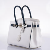 Hermès Birkin 30 HSS cuir Epsom blanc et bleu marine, finitions palladium - 2011, carré O