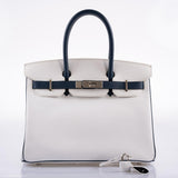 Hermès Birkin 30 HSS cuir Epsom blanc et bleu marine, finitions palladium - 2011, carré O