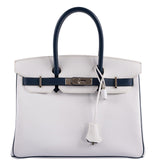 Hermès Birkin 30 HSS cuir Epsom blanc et bleu marine, finitions palladium - 2011, carré O