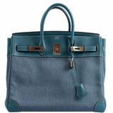 Sac Hermes Birkin 32 HAC en denim et cuir Gulliver Blue Jean, finitions palladium