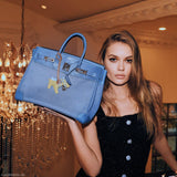 Sac Hermes Birkin 32 HAC en denim et cuir Gulliver Blue Jean, finitions palladium