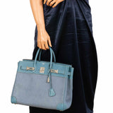 Sac Hermes Birkin 32 HAC en denim et cuir Gulliver Blue Jean, finitions palladium