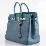 Sac Hermes Birkin 32 HAC en denim et cuir Gulliver Blue Jean, finitions palladium