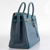 Sac Hermes Birkin 32 HAC en denim et cuir Gulliver Blue Jean, finitions palladium