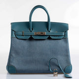 Sac Hermes Birkin 32 HAC en denim et cuir Gulliver Blue Jean, finitions palladium