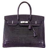 Hermes Birkin 35 Amethyst Porosus Crocodile with Palladium Hardware - 2009, M Square
