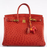 Sac Hermes Birkin 40 Autruche Rouge Vif avec Finitions Dorées - 1993, Cercle W