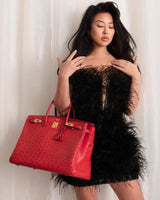 Sac Hermes Birkin 40 Autruche Rouge Vif avec Finitions Dorées - 1993, Cercle W