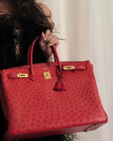 Sac Hermes Birkin 40 Autruche Rouge Vif avec Finitions Dorées - 1993, Cercle W