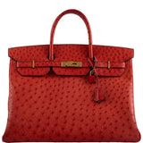 Sac Hermes Birkin 40 Autruche Rouge Vif avec Finitions Dorées - 1993, Cercle W