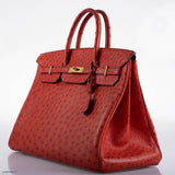 Sac Hermes Birkin 40 Autruche Rouge Vif avec Finitions Dorées - 1993, Cercle W