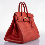 Sac Hermes Birkin 40 Autruche Rouge Vif avec Finitions Dorées - 1993, Cercle W