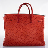 Sac Hermes Birkin 40 Autruche Rouge Vif avec Finitions Dorées - 1993, Cercle W