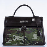 Vintage Hermes Kelly Lakis 35 Chocolate Box & Toile Camouflage Painting Palladium Hardware