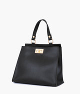 Black front lock top-handle mini bag for women