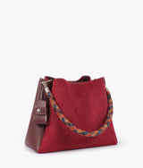 Burgundy suede handbag with braided handle  for women
