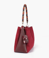 Burgundy suede handbag with braided handle  for women