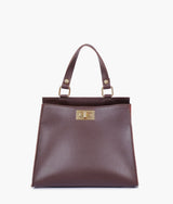 Dark brown suede front lock top-handle mini bag for women