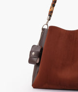 Dark brown suede handbag with braided handle for women