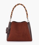 Dark brown suede handbag with braided handle for women