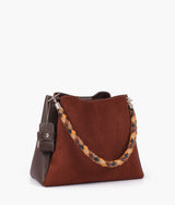 Dark brown suede handbag with braided handle for women