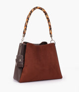 Dark brown suede handbag with braided handle for women