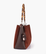 Dark brown suede handbag with braided handle for women