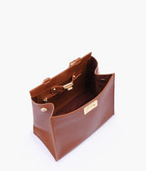Brown front lock top-handle mini bag for women