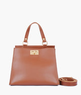 Brown front lock top-handle mini bag for women