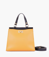 Mustard front lock top-handle mini bag for women